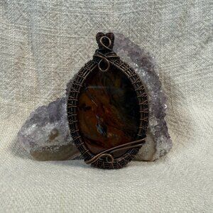 Handmade Wire Wrapped Copper Pietersite Crystal Pendant Artisan Jewelry